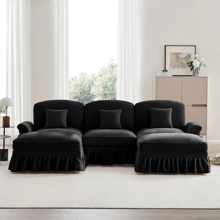 Klassisches modulares U-förmiges Sofa, Chenille, Trichter-Armlehnen, abnehmbare Rüschenschürze, spindelförmige Beine, beweglicher Hocker, weiches, tiefes Cloud-Sofa fürs Wohnzimmer, Schwarz