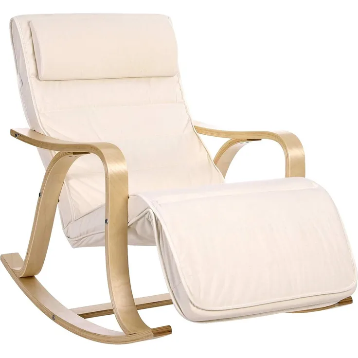 Schaukelstuhl, Schwingsessel mit 5-Fach verstellbarer Fußstütze, Relaxstuhl, Belastbarkeit 150 kg, Gestell aus Birkenholz, Bezug aus Baumwolle, Beige LYY41M