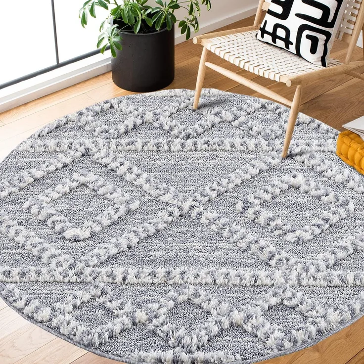 Teppich Rund - Hochflor - Boho - Pastellgrau Creme - 200x200cm - Modern Raute Muster - Skandinavisch Flauschig Weich - Wohnteppich Schlafzimmer Dekoration