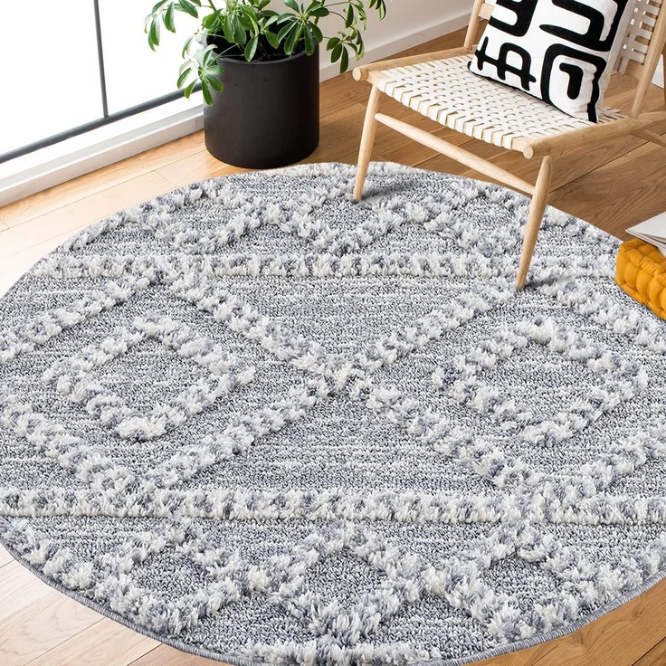 Teppich Rund - Hochflor - Boho - Pastellgrau Creme - 200x200cm - Modern Raute Muster - Skandinavisch Flauschig Weich - Wohnteppich Schlafzimmer Dekoration – Bild 1