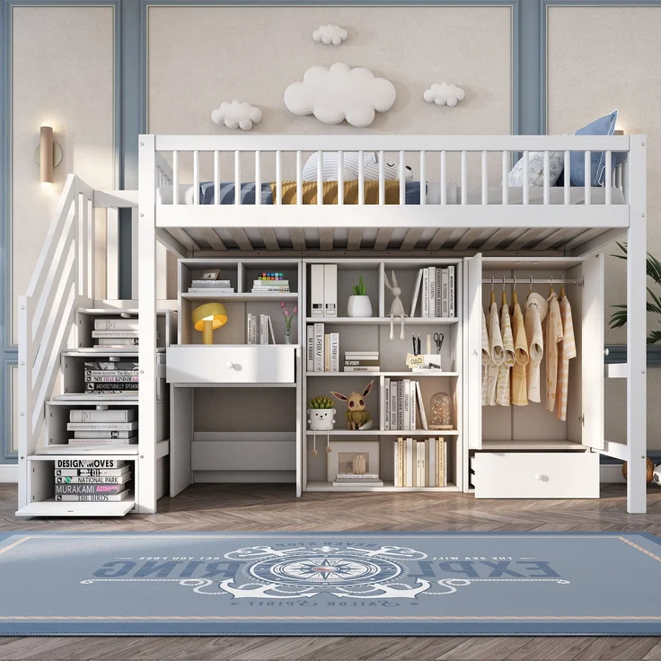 Kindereinzelbett 90×200 cm aus Massivholz und MDF mit Schreibtisch und Treppe, weiß – Bild 2