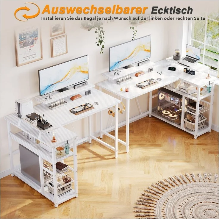 Furnicopia Eckschreibtisch L-förmiger Gaming-Schreibtisch mit Stauraum, Steckdosen und LED (120/140 cm großer Schreibtisch mit zwei Monitorhalterungen, zwei Ablagen, einer verstellbaren Ablage, einem Becherhalter und einem Kopfhörerhalter) – Bild 2