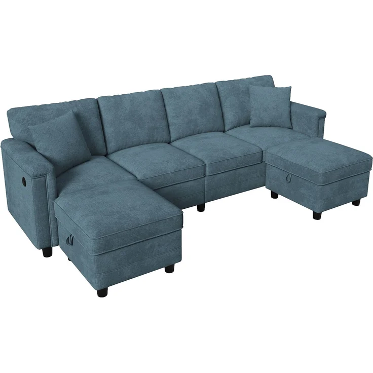 Flieks 4-Sitzer Modulsofa mit 2 Stauraumhockern, USB & USB-C, L- oder U-Form Polstersofa, 261 x 134 x 82 cm, Chenille, Blaugrau – Bild 1