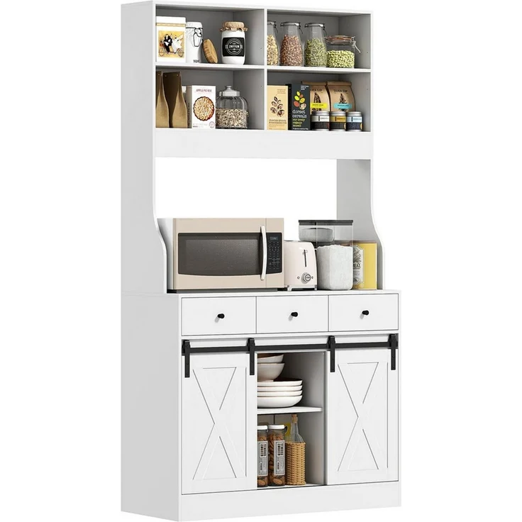 HOMCOM Küchenbuffet mit Arbeitsplatte, Schiebtüren, Schubladen, verstellbare Regale (Hochschrank, 1-St, Küchenschrank mit Regalen) für Küche Esszimmer 93,5 x 40 x 180 cm Weiß – Bild 1