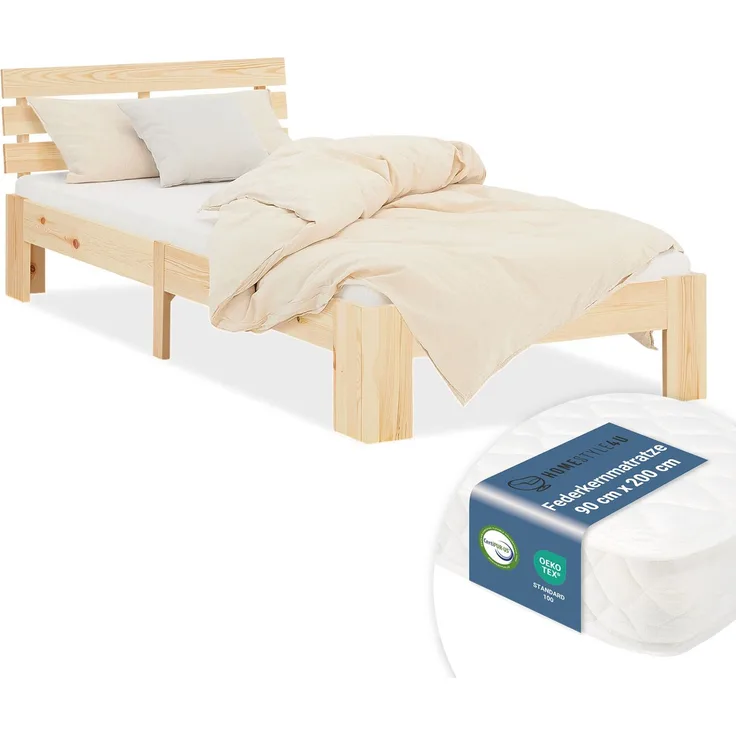 Holzbett mit Federkernmatratze 90x200 Jugendbett Einzelbett Bett Holzbettrahmen Natur Massiv Holz Lattenrost