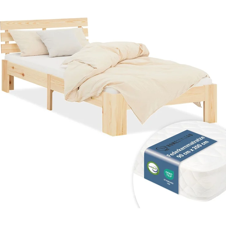 Holzbett mit Federkernmatratze 90x200 Jugendbett Einzelbett Bett Holzbettrahmen Natur Massiv Holz Lattenrost – Bild 1