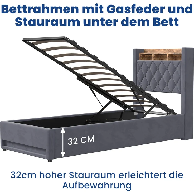 Multifunktionales Polsterbett aus Samt mit LED, USB & Stauraum, ohne Matratze, 90x190 cm, Grau – Bild 10