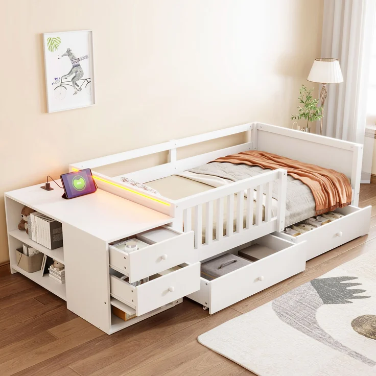 EINHOM Kinderbett 90 x 200 cm mit Separatem Stauraum, Schreibtischfunktion, Steckdose, LED-Beleuchtung, Doppelschubladen, Regalen und Halboffenem Sicherheitsgitter, Weiß (Ohne Matratze) – Bild 1
