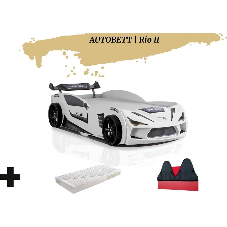 Aileenstore Autobett Rio II (3 teilig), Kinderbett 90 x 200 cm, inkl. Lattenrost, Heckspoiler LED-Beleuchtung – Bild 1
