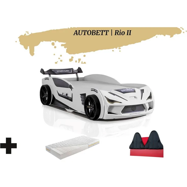 Aileenstore Autobett Rio II (3 teilig), Kinderbett 90 x 200 cm, inkl. Lattenrost, Heckspoiler LED-Beleuchtung