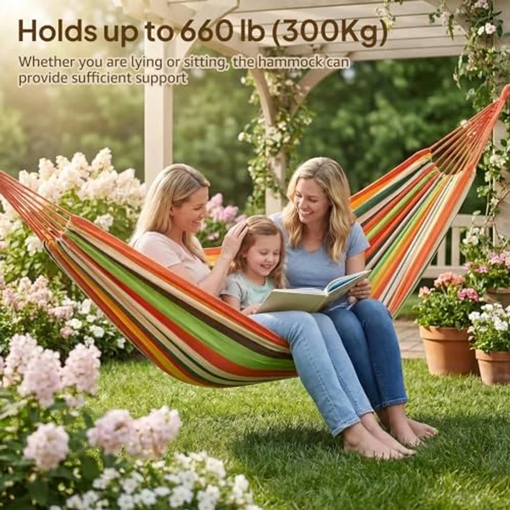 ANYOO Hängematte Outdoor Baumwolle Bequemer Stoff mit Baumfreundlichen Gurten zum Aufhängen, Robuste Tragbare Hängematte mit Reisetasche für Garten, Indoor, Balkon, Terrasse, Camping – Bild 3