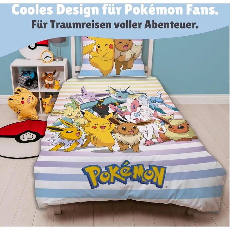 Pokemon Bettwäsche für Kinder 135x200 80x80 cm buntes Motiv mit Pikachu & Friends aus 100% Baumwolle – Bild 3