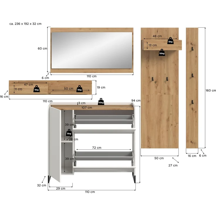 Garderobenkombination B/H/T: 192x236x32 cm in weiß Nachbildung und Artisan Oak Nachbildung – Bild 4