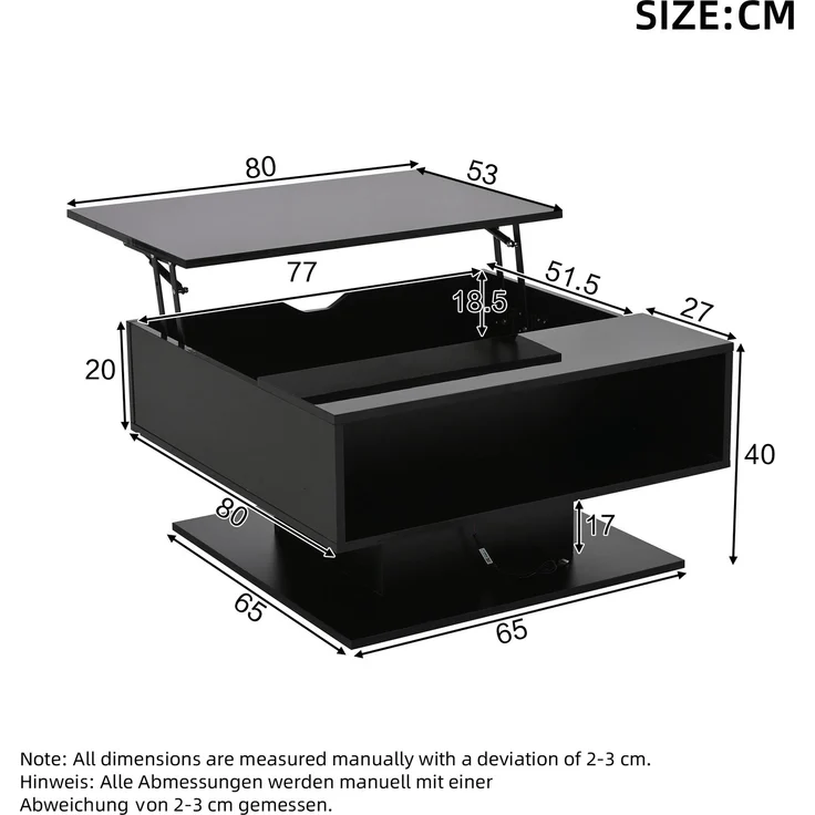 Couchtisch mit LED-Beleuchtung, verstecktem Stauraum und Hochglanzoptik, Lift-Design Sofatisch in Schwarz, mit USB-Anschluss – Bild 10
