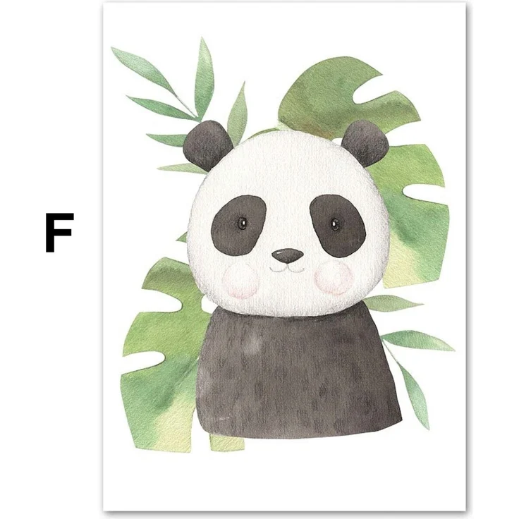 Poster Kinder süße Tiere mit Grünem Blatt Pandabär Giraffe Elefant Löwe Zebra Affe und Tiger als Deko Print ohne Rahmen - F / 60 x 90 cm