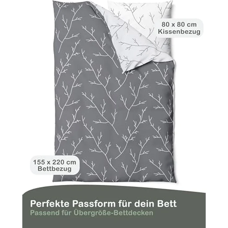 LINKHOFF Wendebettwäsche Biber Bettwäsche 135x200 / 155x220cm - Zweigemuster in Grau Weiß, Anthrazit Zweige 100% Baumwolle Bettwäsche-Set Aesthetic Floral – Bild 3