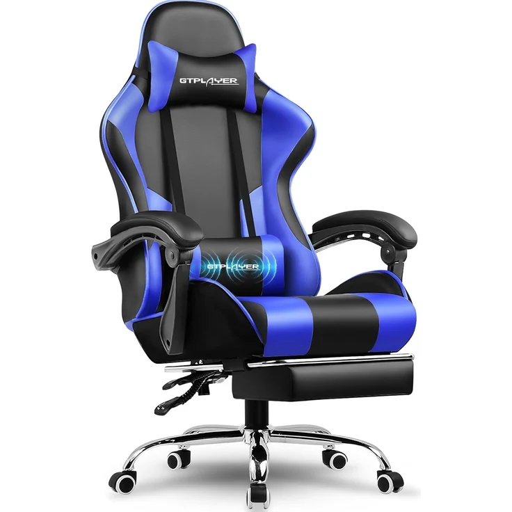 GTPLAYER Gaming Stuhl, Bürostuhl, Ergonomischer Pc Stuhl, Gaming Sessel mit Massagelendenwirbelstütze, Task Stühle mit Fußstütze und Kopfstütze, Blau Kunstleder – Bild 1