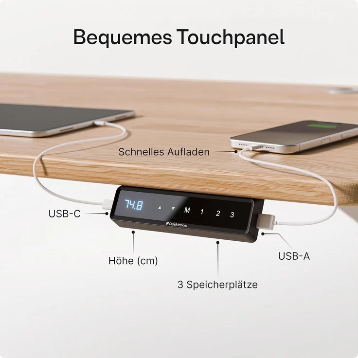 Desktronic HomePro Elektrisch höhenverstellbarer Schreibtisch 180x80cm Bambus/Schwarz mit Memory-Funktion, Anti-Kollisions Technologie, USB-A und USB-C-Ladeanschlüssen – Bild 7