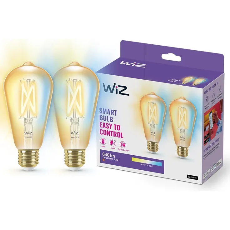 WiZ Tunable White 2er-Pack LED Lampe, E27, Amber, 50 W, dimmbar, warm- bis kaltweiß, smarte Steuerung per App/Stimme über WLAN