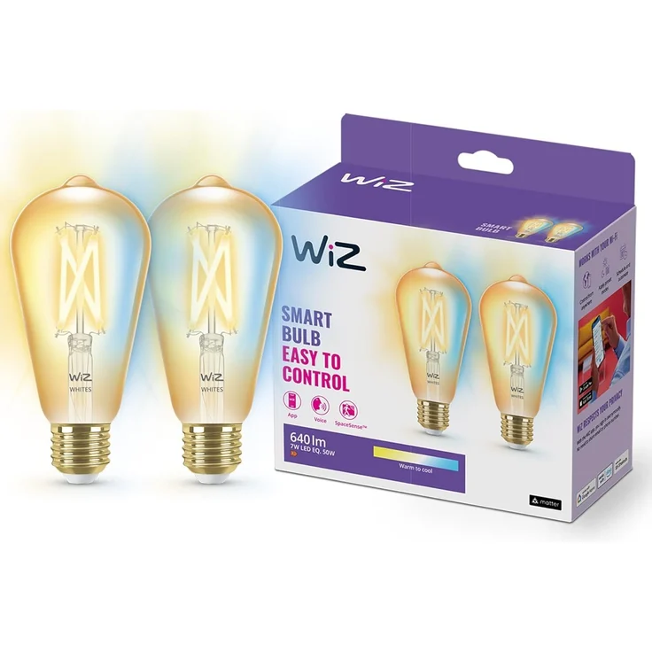 WiZ Tunable White 2er-Pack LED Lampe, E27, Amber, 50 W, dimmbar, warm- bis kaltweiß, smarte Steuerung per App/Stimme über WLAN