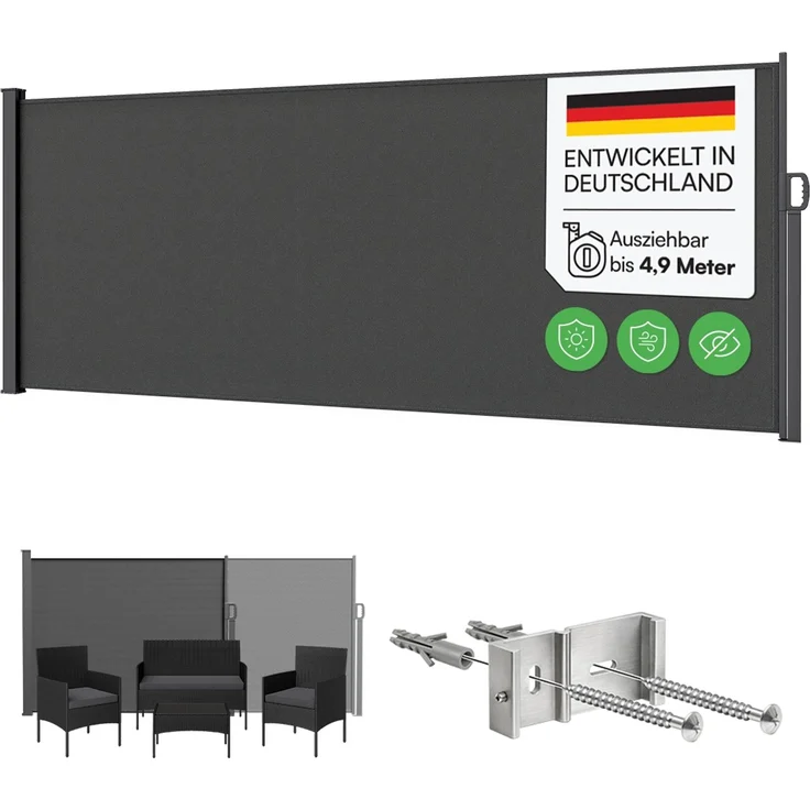 STEELSØN 'Zirella' Seitenmarkise mit Aluminium-Kassette, ausziehbar, 160x485 cm, anthrazit, Windschutz, wetterfest und blickdicht – Bild 1