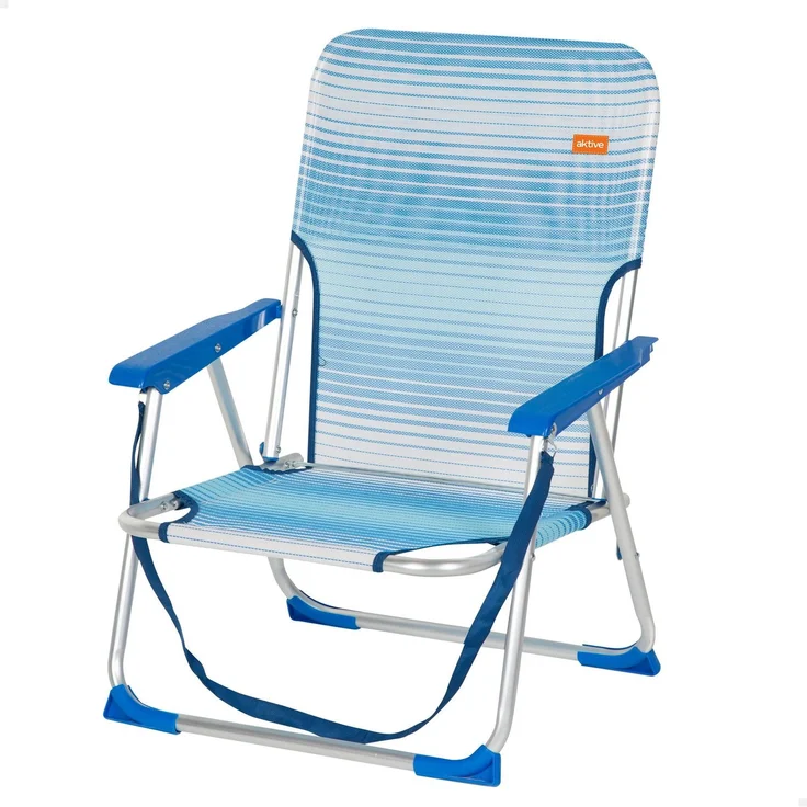 AKTIVE Strandstuhl, zusammenklappbar, Blau gestreift, 44 x 35 x 72 cm, mit Kippschutzkappen, Schultergriff, Belastbarkeit 110 kg, niedriger Sitz, Aluminiumgestell, Textilene-Gewebe, Armlehnen aus