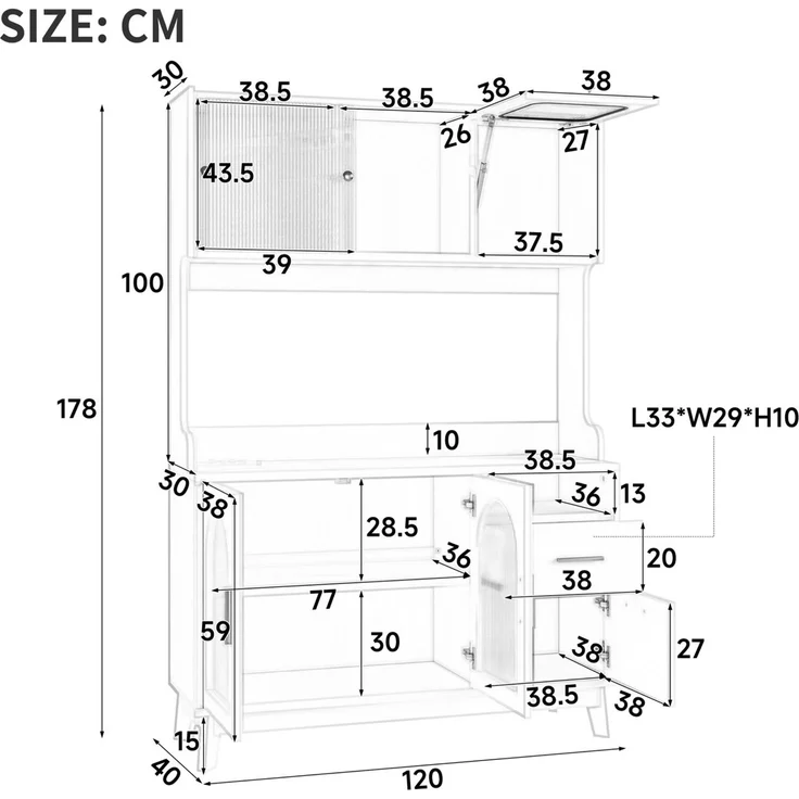 Buffetschränke, Esszimmer-Hochschrank 120*40*178 cm, mehrstufigem Stauraum, integrierter Steckdose sowie USB-C- und USB-A-Anschlüssen, Weiß – Bild 4