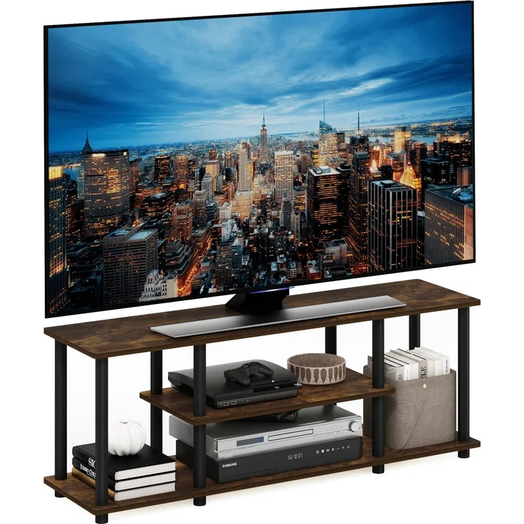Furinno TURN-N-TUBE TV-Ständer, 3-stöckig, werkzeuglos montierbar, Entertainment-Center mit offenen Regalen, TV-Konsole für Fernseher bis zu 50 Zoll, für Wohnzimmer, Schlafzimmer, Bernstein-Kiefer