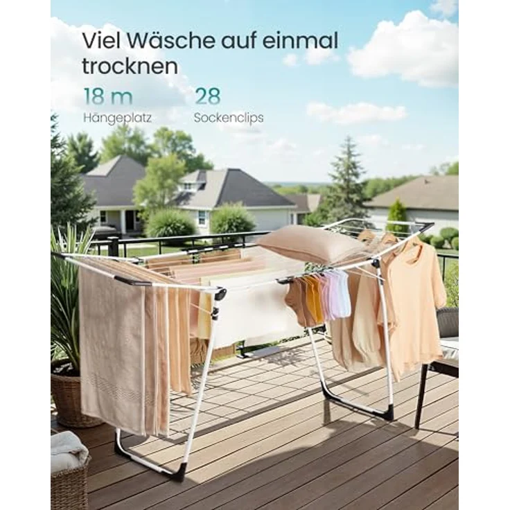 SONGMICS Wäscheständer, Standtrockner 56,5 x 173 x 96,5 cm, Flügelwäscheständer, Flügelwäschetrockner platzsparend, mit Sockenhalter, Metall, für Kleidung, Handtücher, Wäsche, weiß LLR518W01 – Bild 3