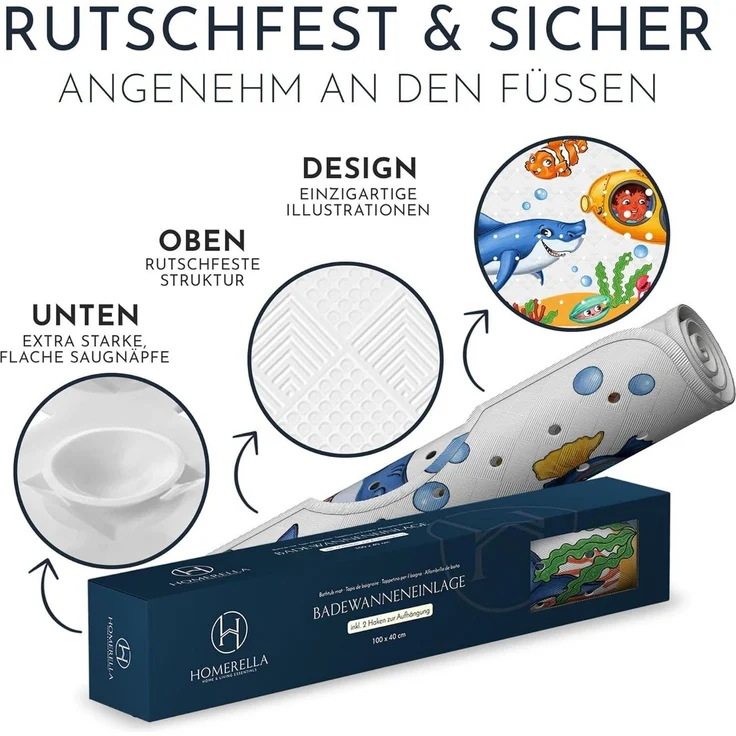 Homerella Badematte rutschfest Kinder - 100% BPA frei Inkl. 2 Haken zum Aufhängen 100x40cm, Antirutschmatte Badewanne Baby hautsensitiv & schimmelresistent, Badewannenmatte rutschfest & waschbar – Bild 4