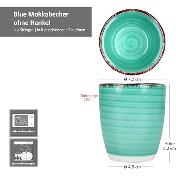 MamboCat Becher 6er Set Blue Mokkabecher ohne Henkel 150ml 6 Personen Matcha Tee Tasse, Steingut – Bild 6