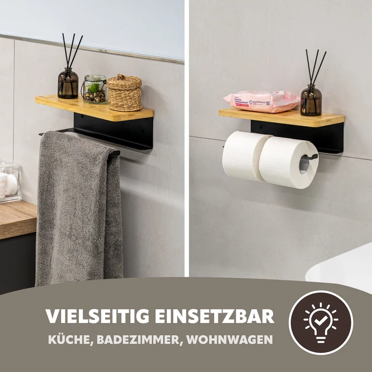 eluno Küchenrollenhalter mit Bambusablage aus Edelstahl in Schwarz, ca. 32 x 9,5 x 13 cm (B/H/T) – Bild 6