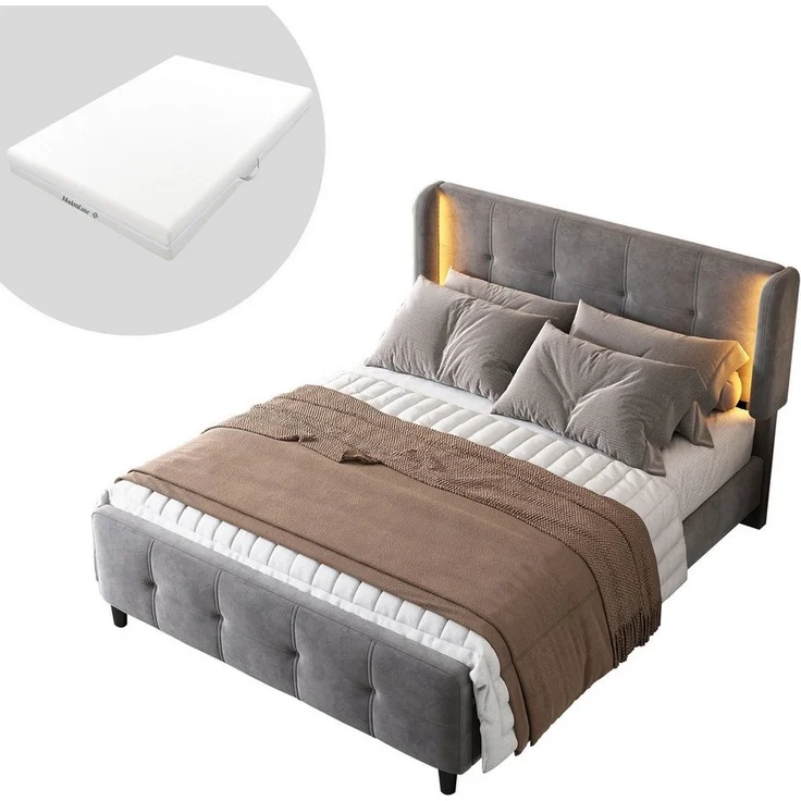 HAUSS SPOLE Polsterbett 140x200cm mit LED-Leisten, höhenverstellbares Kopfteil, Samt, Grau (Stauraum im Wohnzimmer und Schlafzimmer, MDF, Samt), Samt 140x200 cm,Inklusive Matratze – Bild 5