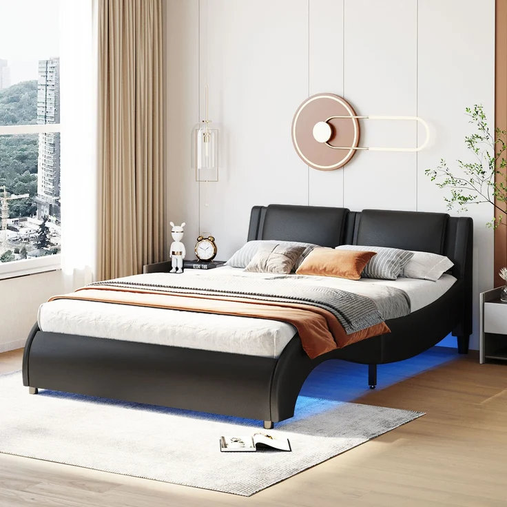 Polsterbett 140x200 cm aus Kunstleder mit LED-Beleuchtung – modernes Design und gepolstertes Kopfteil – Bild 3