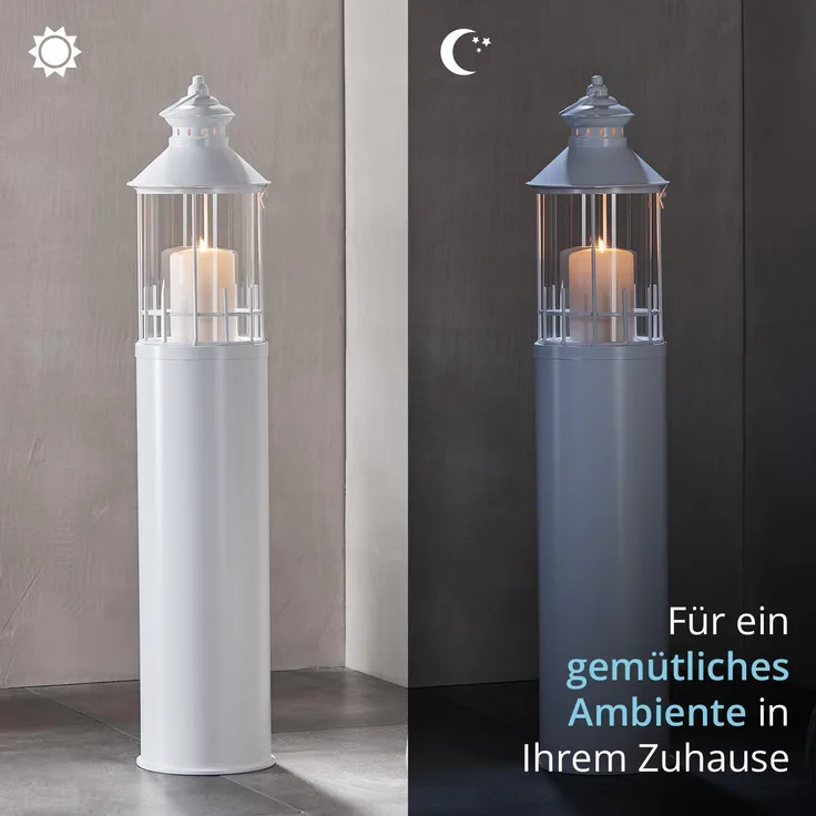 KHG Laterne Leuchtturm 99 cm aus Metall/Glas in weiß, Kerzenständer, Kerzenhalter, Outdoor und Indoor, Deko, Glaseinsatz, für Wohnzimmer, Balkon, Terrasse, Garten usw.