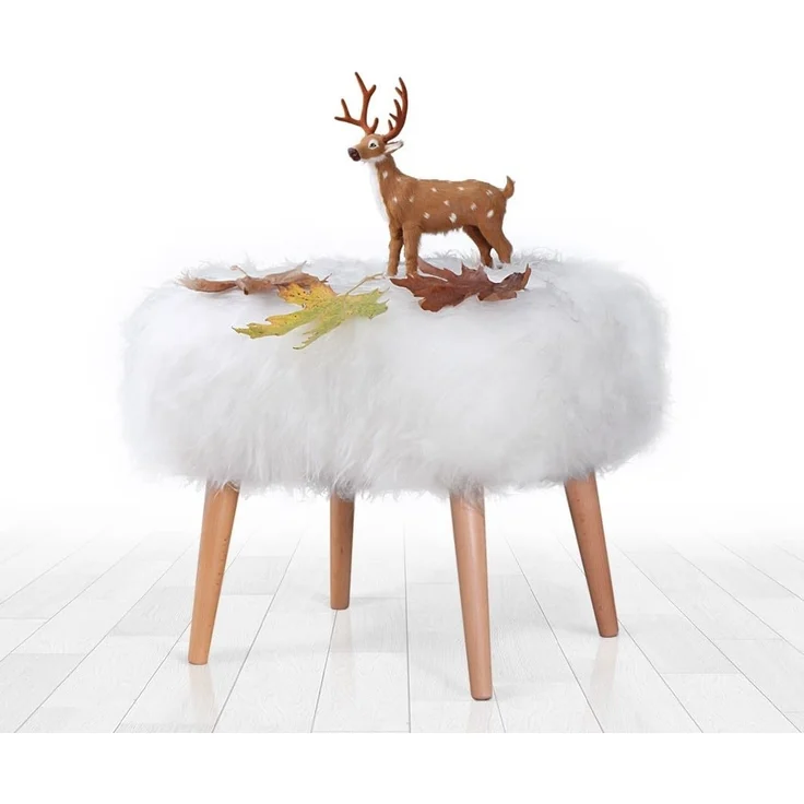 Atelier Del Sofa Scandinavian Pouffe with Wooden Legs, White, 50 x 45 x 42 cm | 100% Polyester, 35 DNS Orthopedic Sponge | Stylish & Comfortable Accent for Modern Spaces