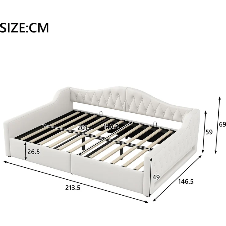 Gepolstertes 140x200 Tagesbett mit LED-Gürtel und Stauraum darunter, Beige – Bild 5