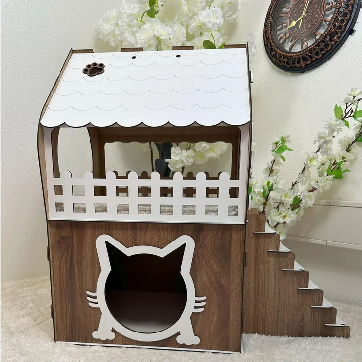 Jungengel Tierhaus Zweistöckiges Katzenhaus aus MDF – Braun & Weiß – in XL, XXL, 3XL, Werkzeugloser Aufbau, Zweistöckig, Balkon mit Rundfenster – Bild 3