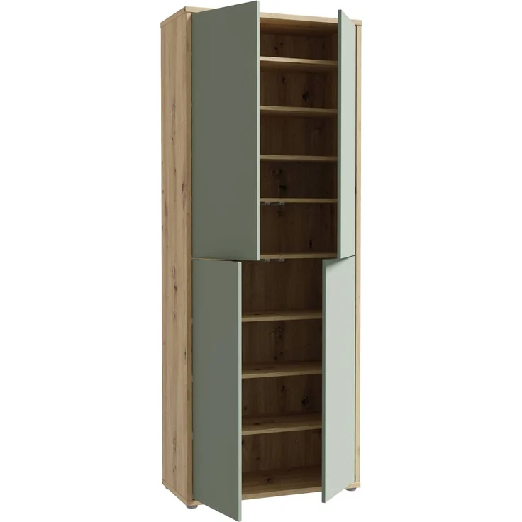 Forte ALICE SPRINGS Schuhschrank 70 80, moderner Flurschrank mit 4 Türen und 8 Einlegeböden, Holzwerkstoff, Salbei / Artisan Eiche Holzdekor, 74,5 cm breit x 191,9 cm hoch x 34,9 cm tief – Bild 5