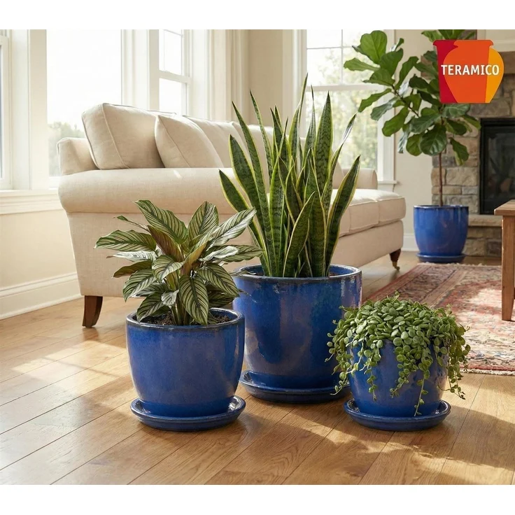 Teramico Blumentopfuntersetzer Keramik Untersetzer Royal Blau – Ø 49 cm (XXL) – Wasserdicht & Handgef, Zubehör für Alle Holzkisten 50x40x30cm, 100% Frostfest – Bild 1