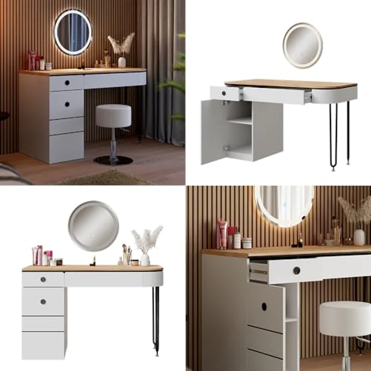 Vichy Schminktisch Mia, Weiss/Naturholz, 120 cm mit LED-Beleuchtung und grosszügigem Spiegel (55 x 55 x 77 cm) – Bild 7