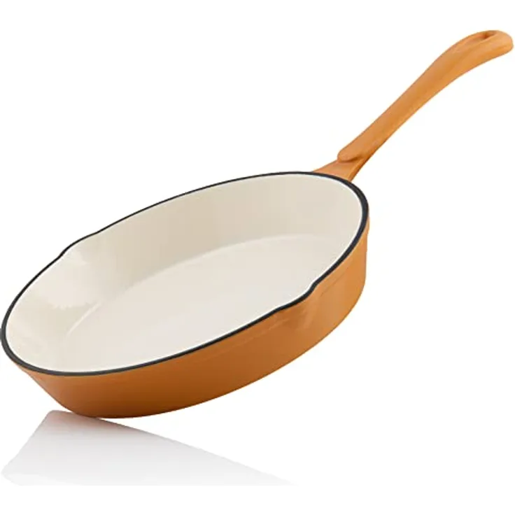 Mahlzeit Gusseisen Bratpfanne emailliert | Ø 24 cm | Sunny Orange | Gußeisenbratpfanne mit zwei Ausgießern | Bratpfanne Gusseisen, Pfanne Emaille, Steakpfanne, Pfanne Gusseisen Emailliert