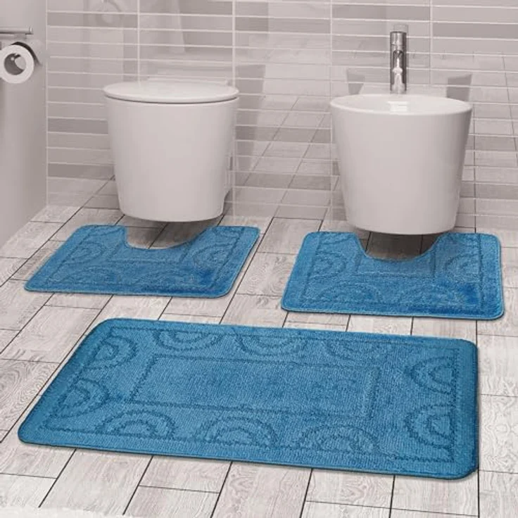 Comart, Teppich Nicole, für Badezimmer, synthetischer Stoff, rutschfeste Unterseite, Hellblau, 3-teiliges Set – Bild 2