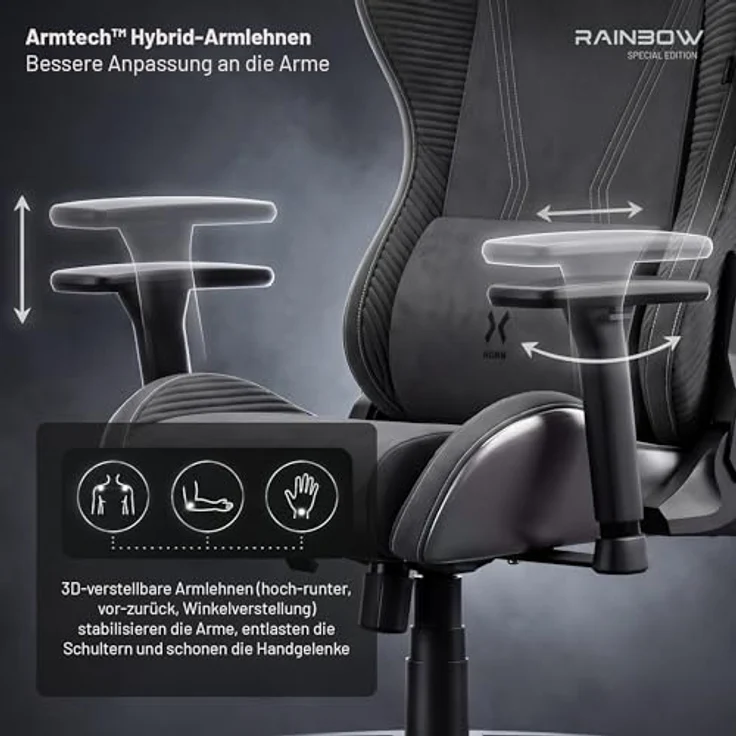 Diablo Gaming Stuhl ergonomisch Stoff Gaming Chair 140 kg belastbar Bürostuhl Gamer Stuhl mit 3D Armlehnen Lendenkissen Kopfkissen Wippfunktion Verstellbarer Rückenlehne Rainbow Grey – Bild 8