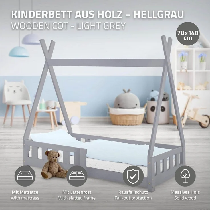 ML-DESIGN Spielbett Hausbett Tipi Zeltbett inkl. Lattenrost Bodenbett Kinder Himmelbett, Abenteuerbett mit Rausfallschutz Zelt Bett Kiefer Grau Kinderhaus – Bild 2