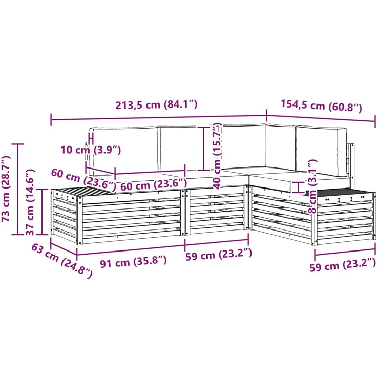 vidaXL Outdoor-Sofagarnitur mit Kissen 4 Stück Weiß Massivholz Akazie 3392468 – Bild 8