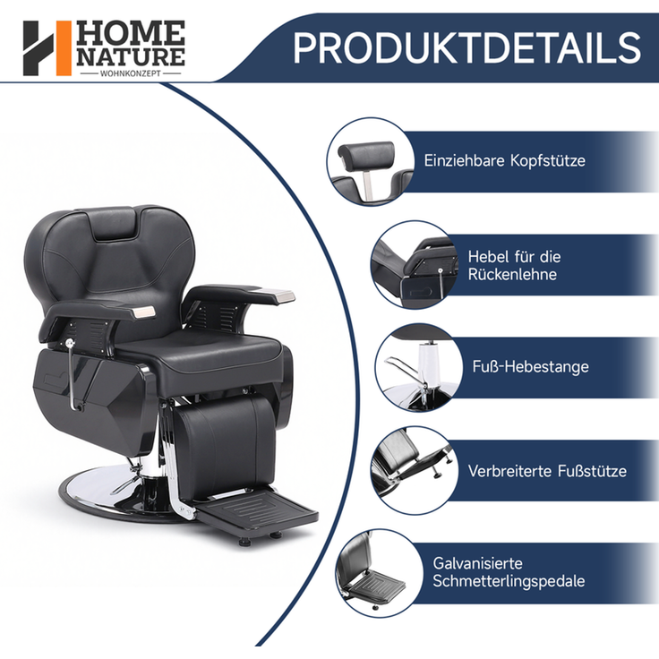 HOME NATURE WOHNKONZEPT Schwerlast Friseurstuhl hydraulisch, Barberstuhl höhenverstellbar, 360° drehbar, mit neigbarer Rückenlehne & Fußstütze, Kunstleder, Schwarz – Bild 4