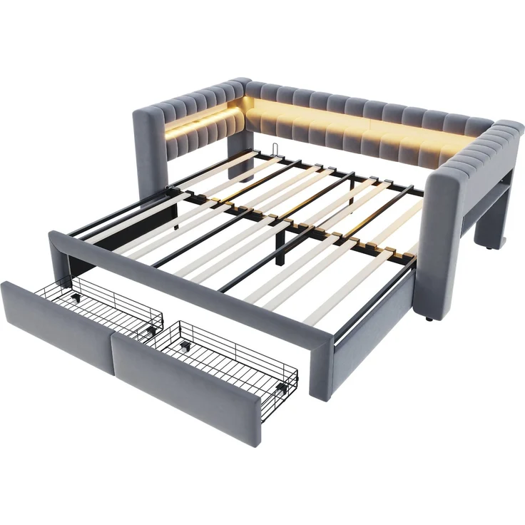 Ausziehbett 90/180×190 cm mit Bettkasten, LED, USB-Anschluss, Grau, ohne Matratze – Bild 10