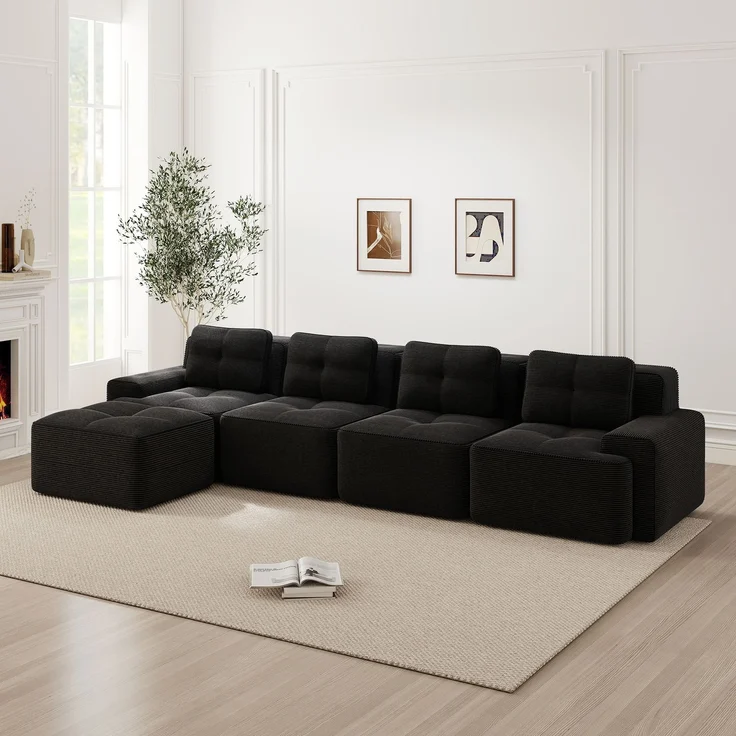 EINHOM Boneless Sofas für Wohnzimmer, Modulares Sofa mit L-förmiger Chaiselongue, 4-Sitzer Bequem Polstertes Tiefsitz Corduroy-Cloud-Sofa, Montagefreies Sofa, Rutschfestes Design, Schwarz – Bild 1