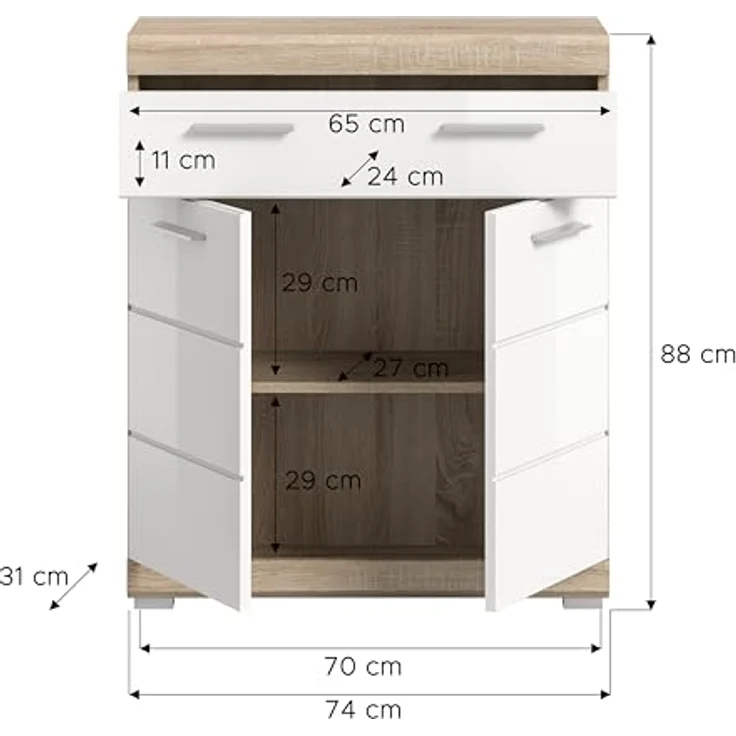 Xonox Lambada Standschrank breit (B/H/T 74x88x31) in weiß Hochglanz und Sonoma Eiche hell – Bild 3